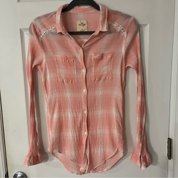 Hollister Juniors Button Down Plaid Shirt Light Pink Lace Accent Long Sleeve Med - Picture 1 of 9